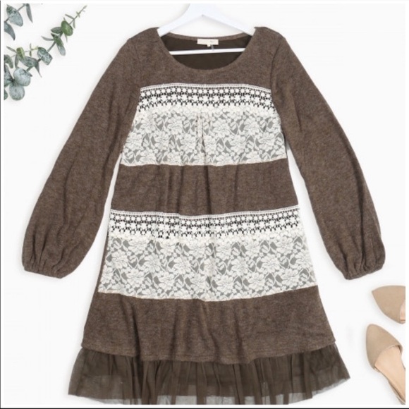 Ryu Olive and Wheat Sweater dress with ruffled bottom lined layered soft new NWT - Picture 3 of 3